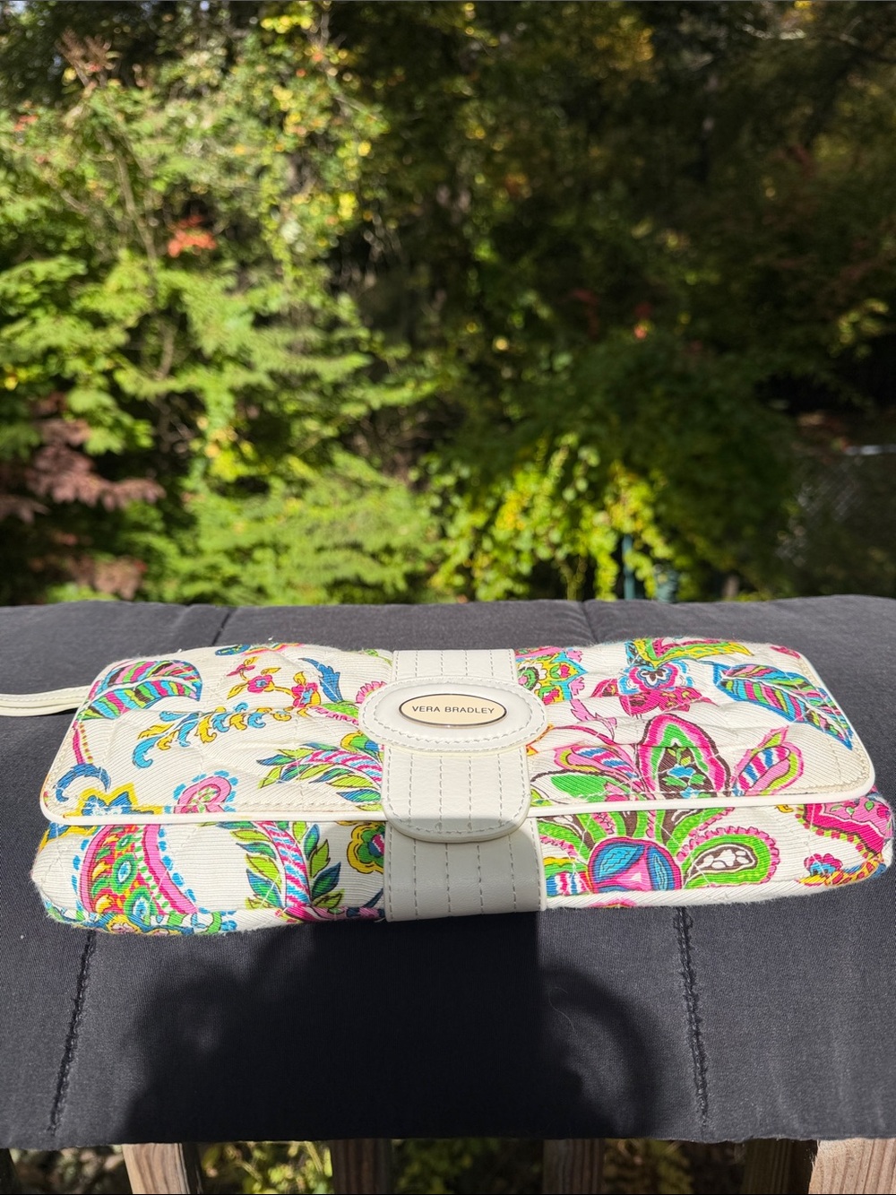 Vera Bradley White Floral Paisley Clutch with Pink Green Blue Accents